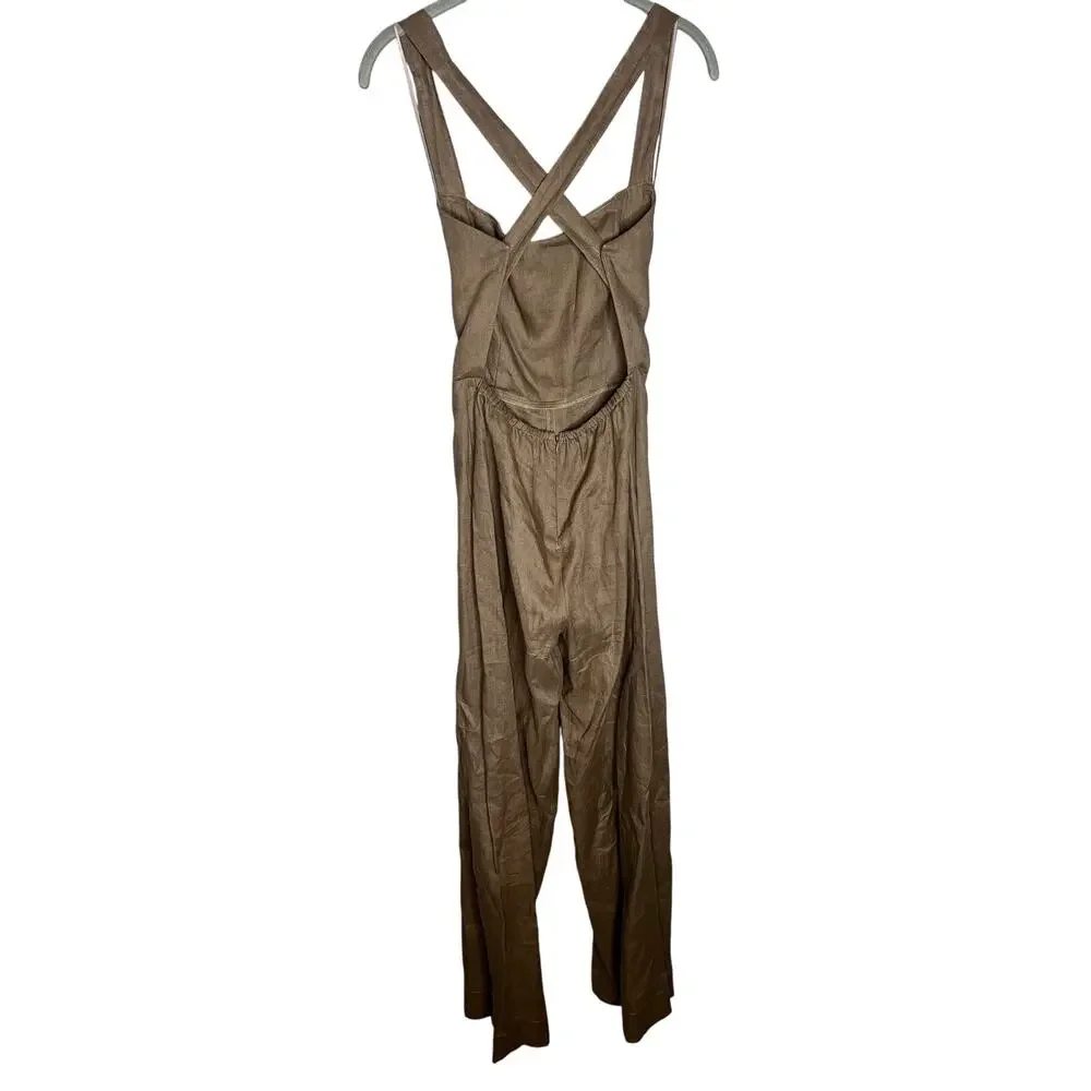 Reformation‎ Autumn Linen Jumpsuit Size 0 Mushroom Brown Wide Leg One Piece